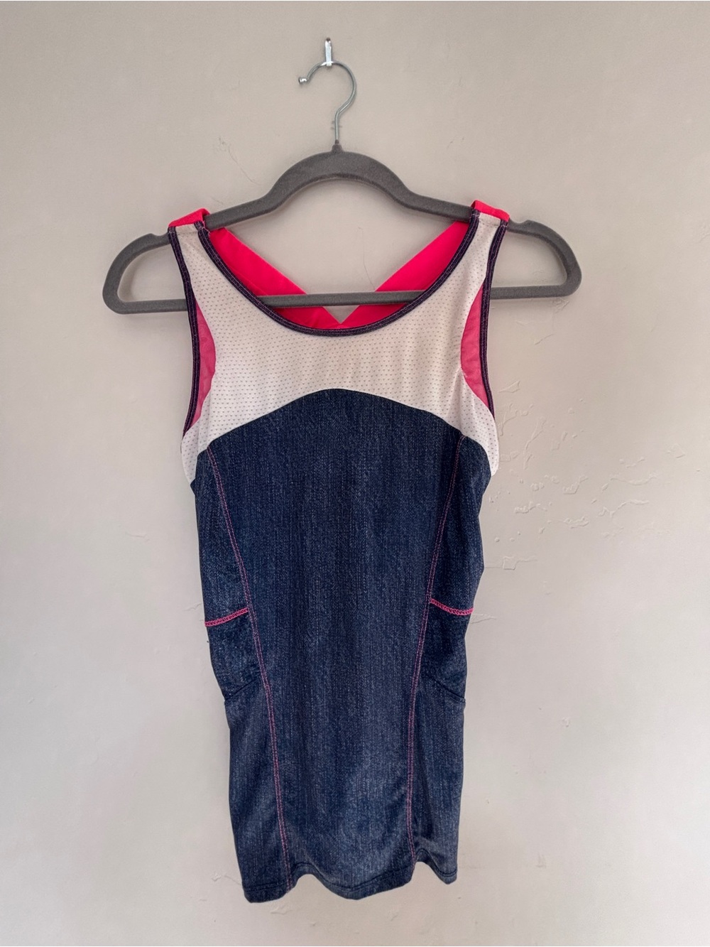 Lucky in Love Denim-Look One-Piece with Hot Pink & White Accents